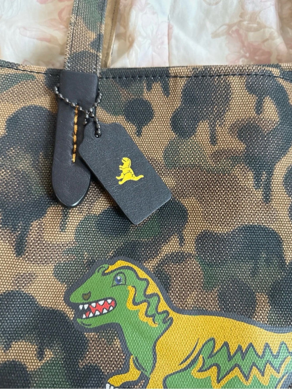 Coach Brown Camo Canvas Tote with Green & Yellow Dinosaur Motif - Picture 4 of 7
